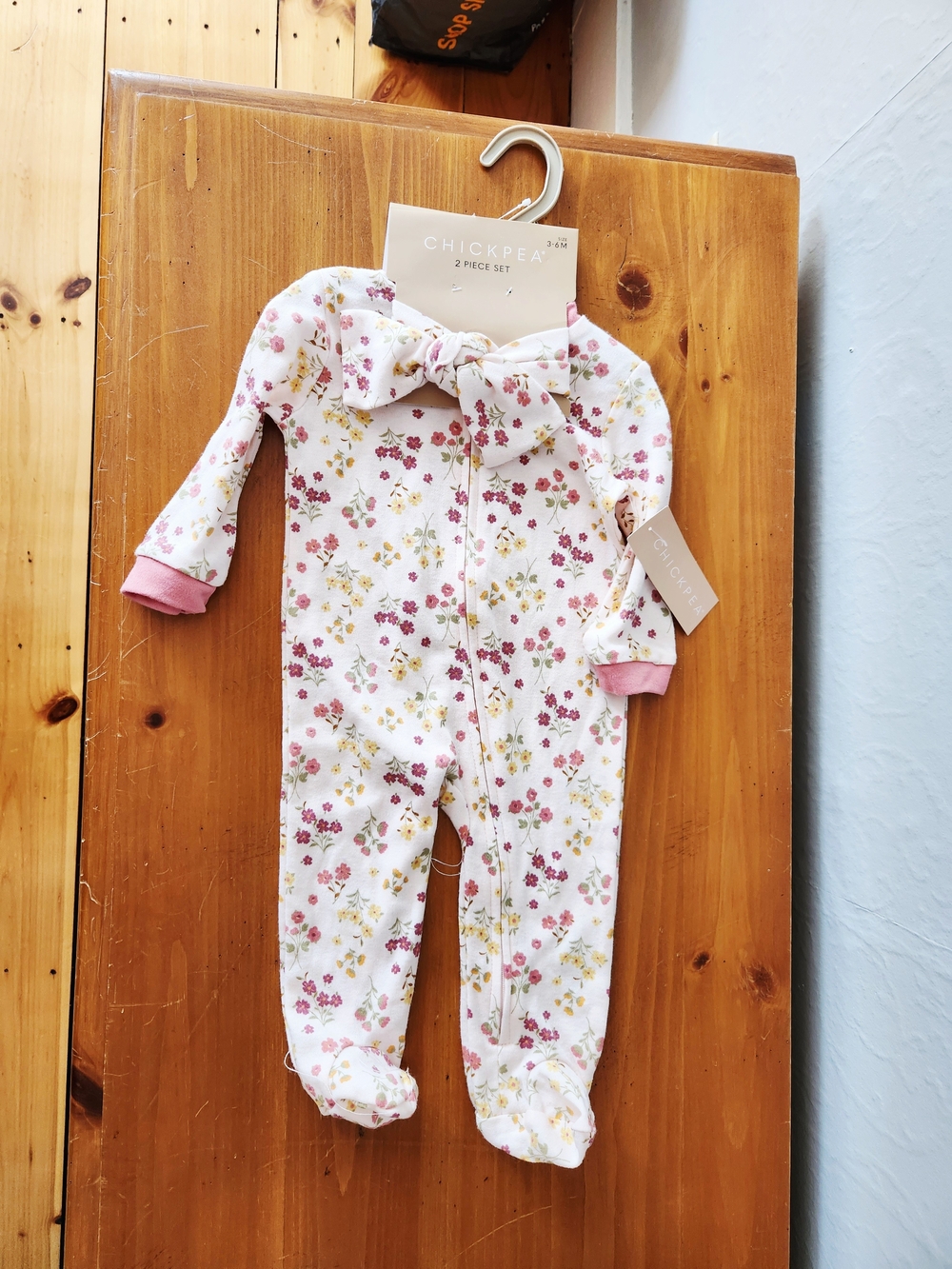 Chickpea 3-6 Month Floral Print Pink Footie with Bow